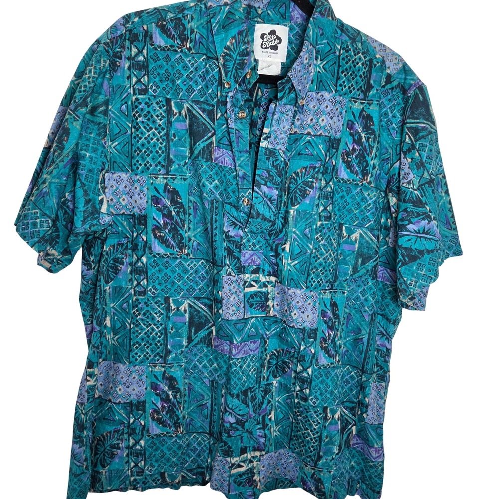 Vintage Hilo Hattie Made in Hawaii‎ Camp Shirt Patchwork Geometric Tropical XL